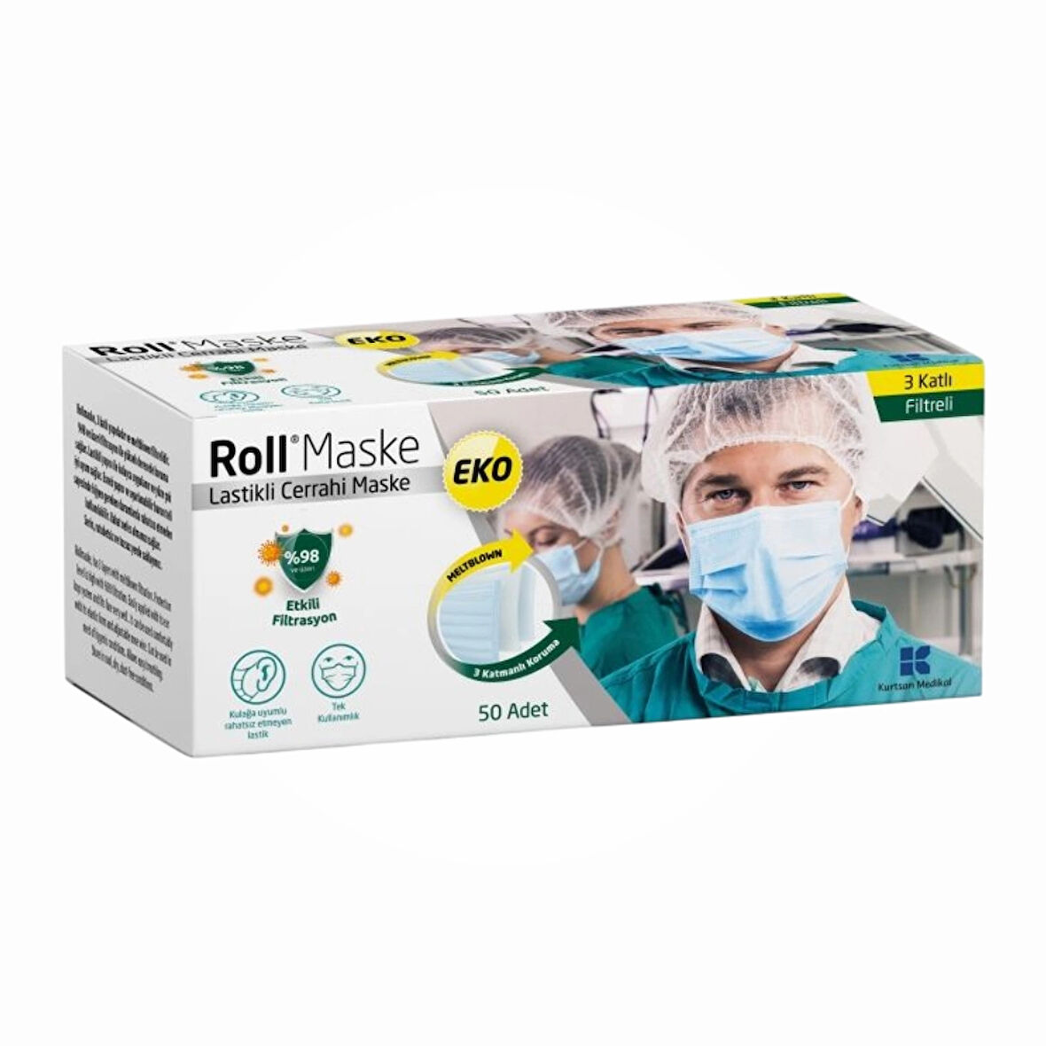 Roll EKO Cerrahi Maske Lastikli (3 Katlı) Filtreli 50'li Kutu - 1 Kutu