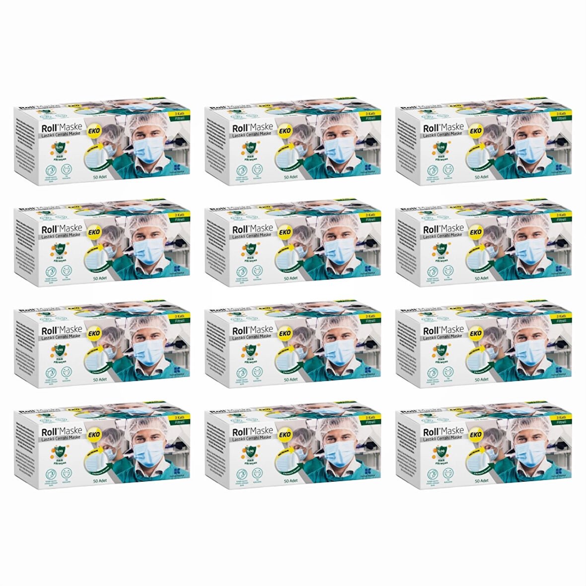 Roll EKO Cerrahi Maske Lastikli (3 Katlı) Filtreli 50'li Kutu - 12 Kutu