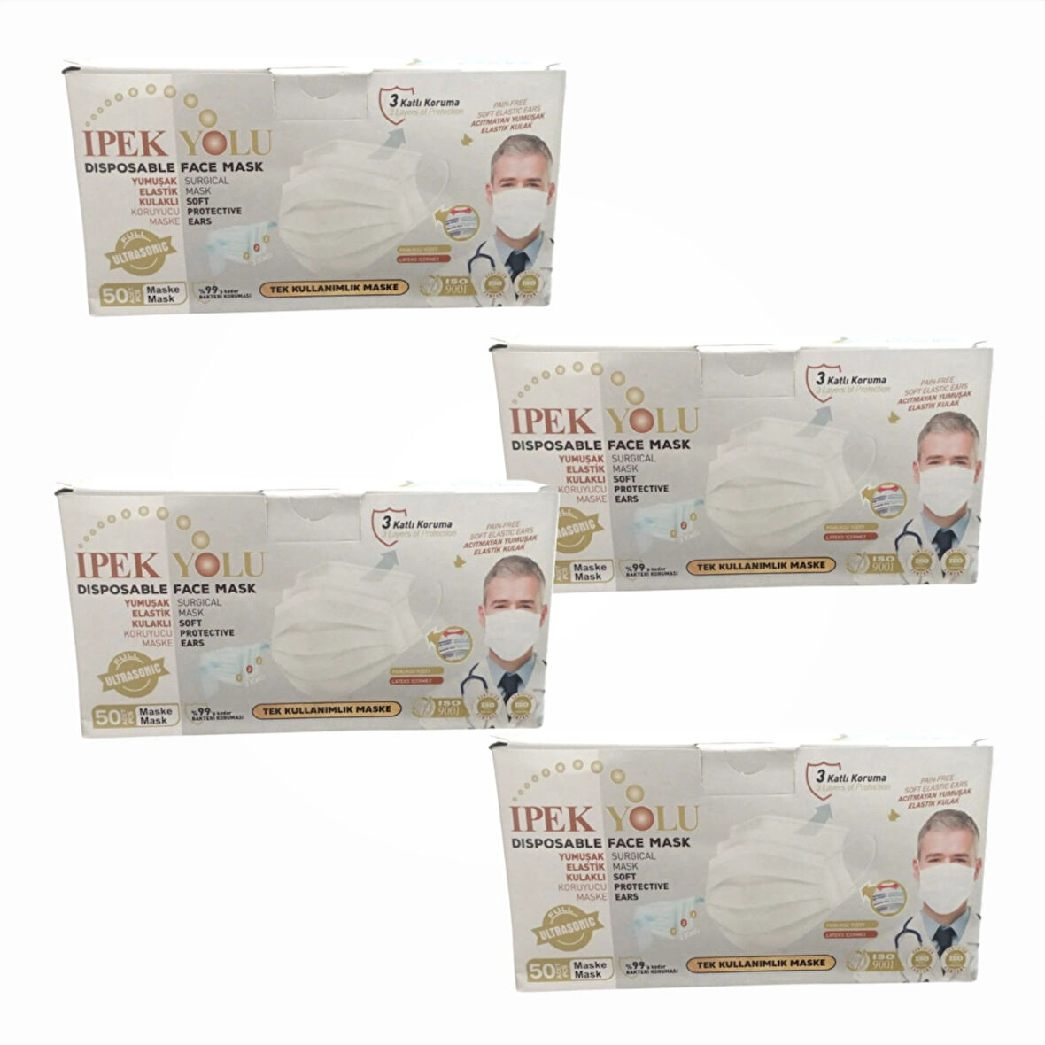 Medikal Tek Kullanımlık Maske 3 Katlı Telli Meltblown Filtreli Beyaz 50'li Kutu x 4 Kutu