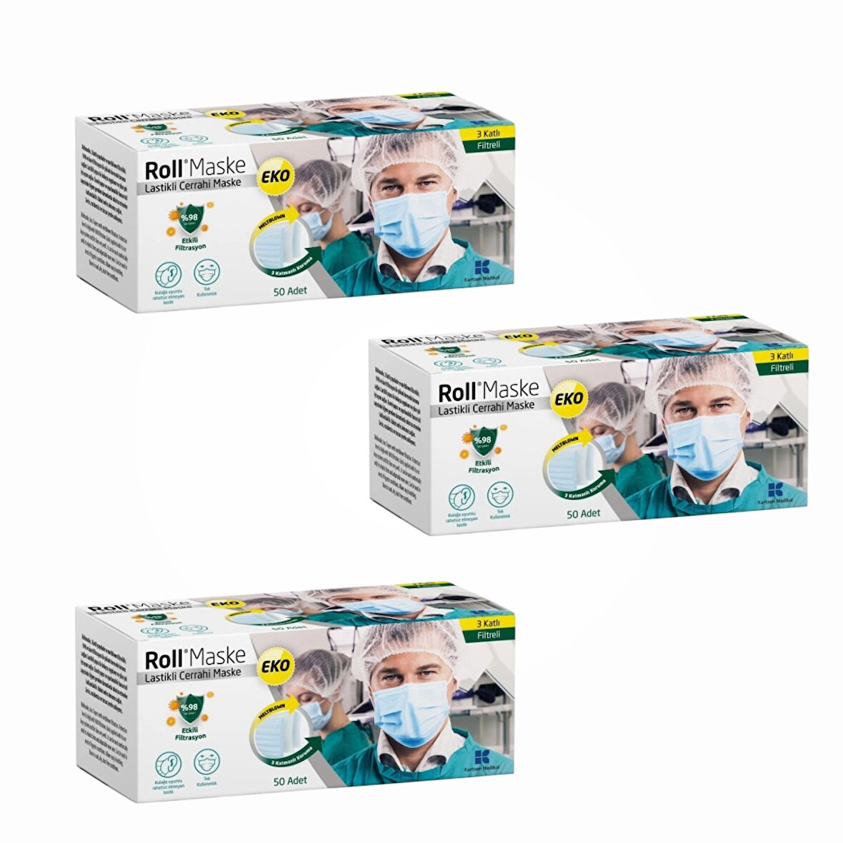 Roll EKO Cerrahi Maske Lastikli (3 Katlı) Filtreli 50'li Kutu - 3 Kutu