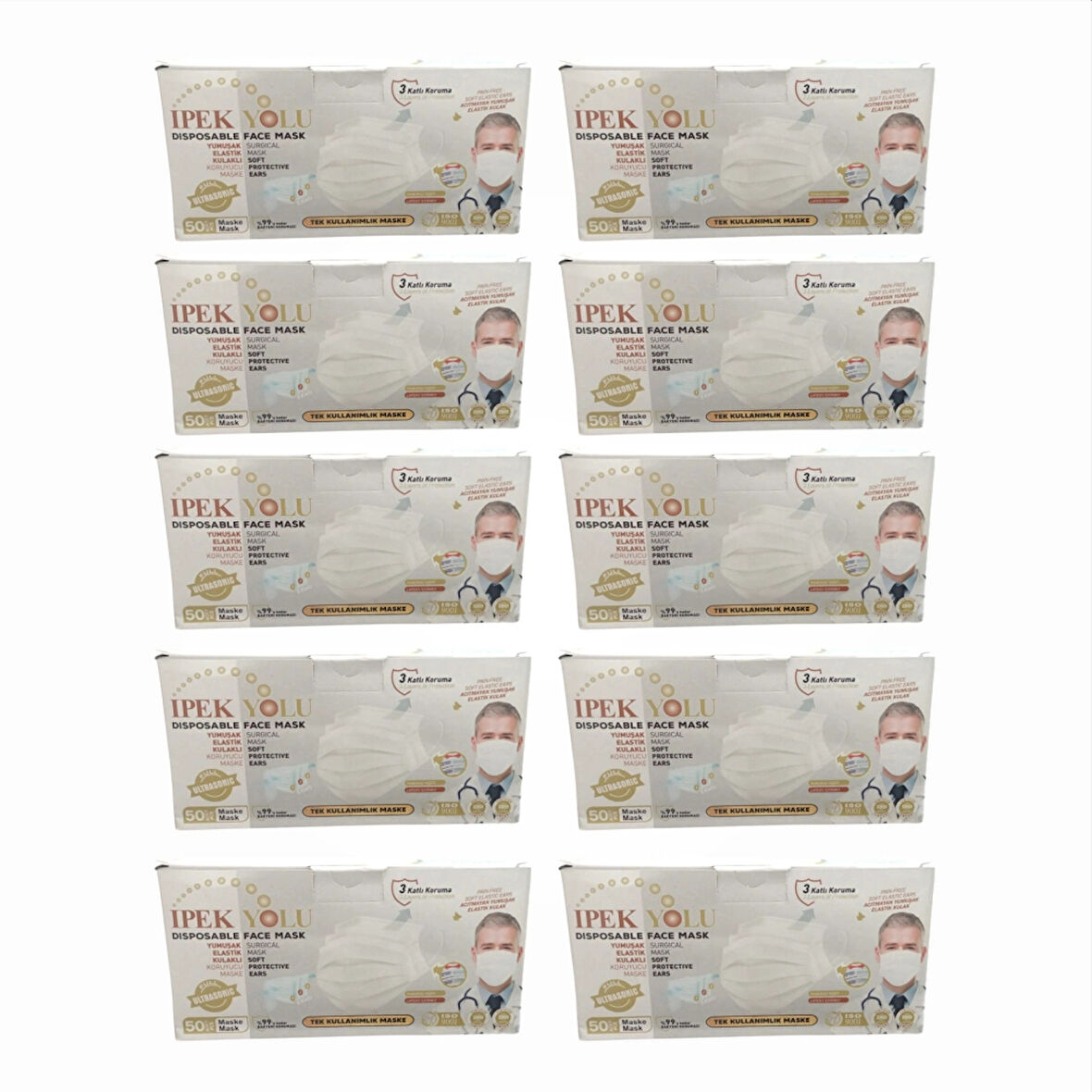 Medikal Tek Kullanımlık Maske 3 Katlı Telli Meltblown Filtreli Beyaz 50'li Kutu x 10 Kutu