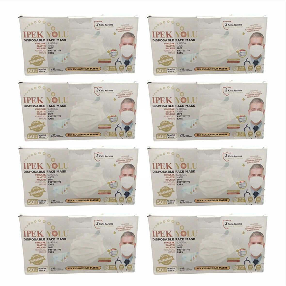 Medikal Tek Kullanımlık Maske 3 Katlı Telli Meltblown Filtreli Beyaz 50'li Kutu x 8 Kutu