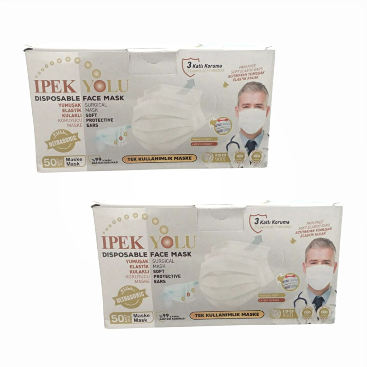 Medikal Tek Kullanımlık Maske 3 Katlı Telli Meltblown Filtreli Beyaz 50'li Kutu x 2 Kutu