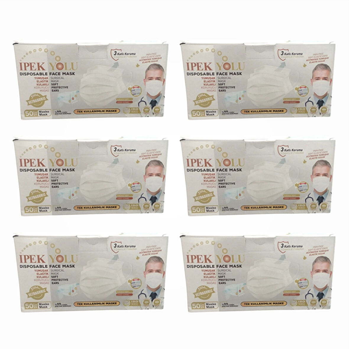 Medikal Tek Kullanımlık Maske 3 Katlı Telli Meltblown Filtreli Beyaz 50'li Kutu x 6 Kutu