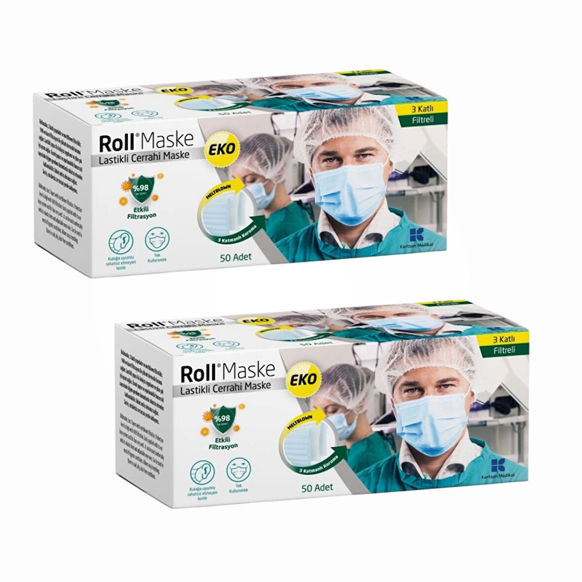 Roll EKO Cerrahi Maske Lastikli (3 Katlı) Filtreli 50'li Kutu - 2 Kutu