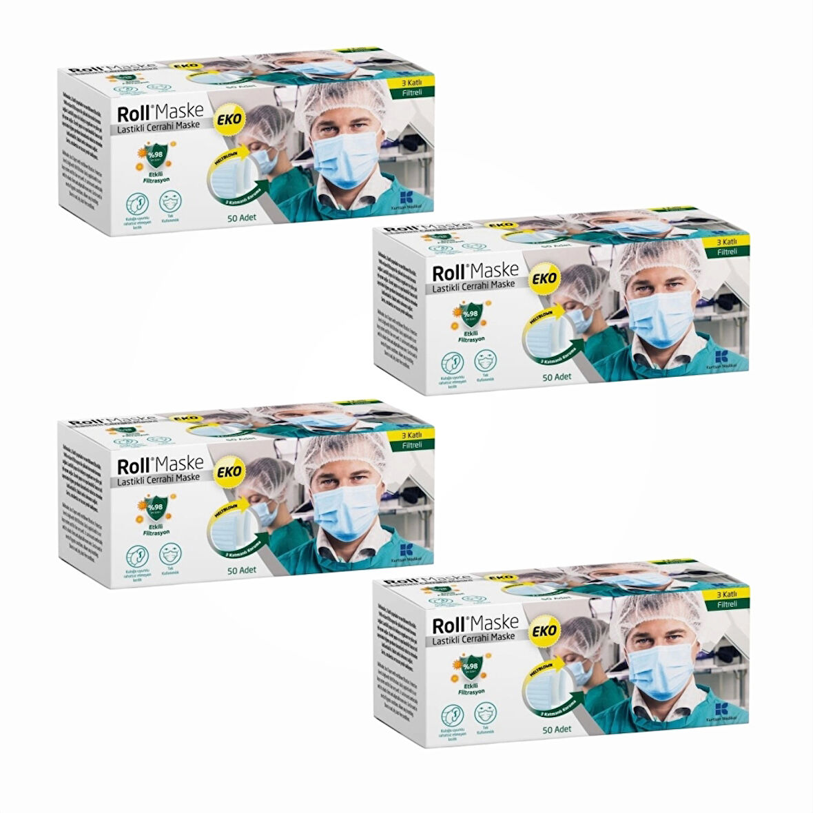 Roll EKO Cerrahi Maske Lastikli (3 Katlı) Filtreli 50'li Kutu - 4 Kutu