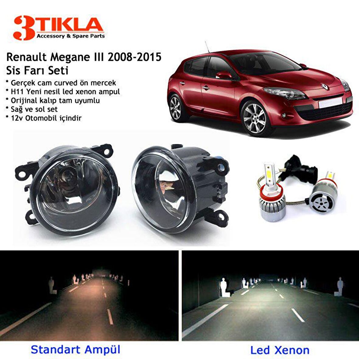 Renault Megane HB 2008-2015 Beyaz Led Xenon Sis Farı Seti