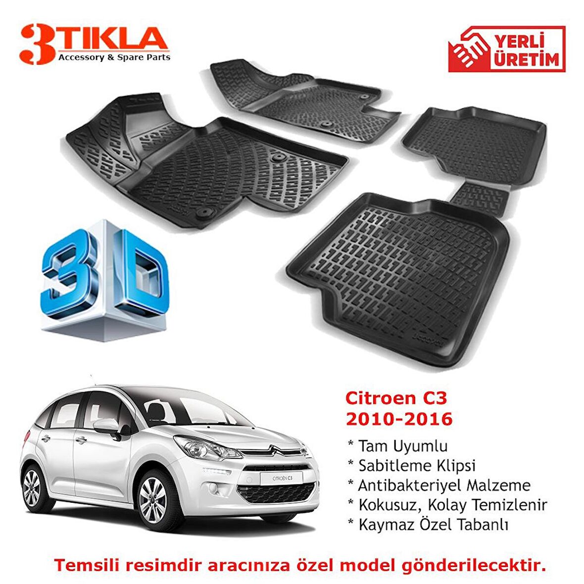 Citroen C3 2010-2016 Premium 3D Havuzlu Paspas Seti