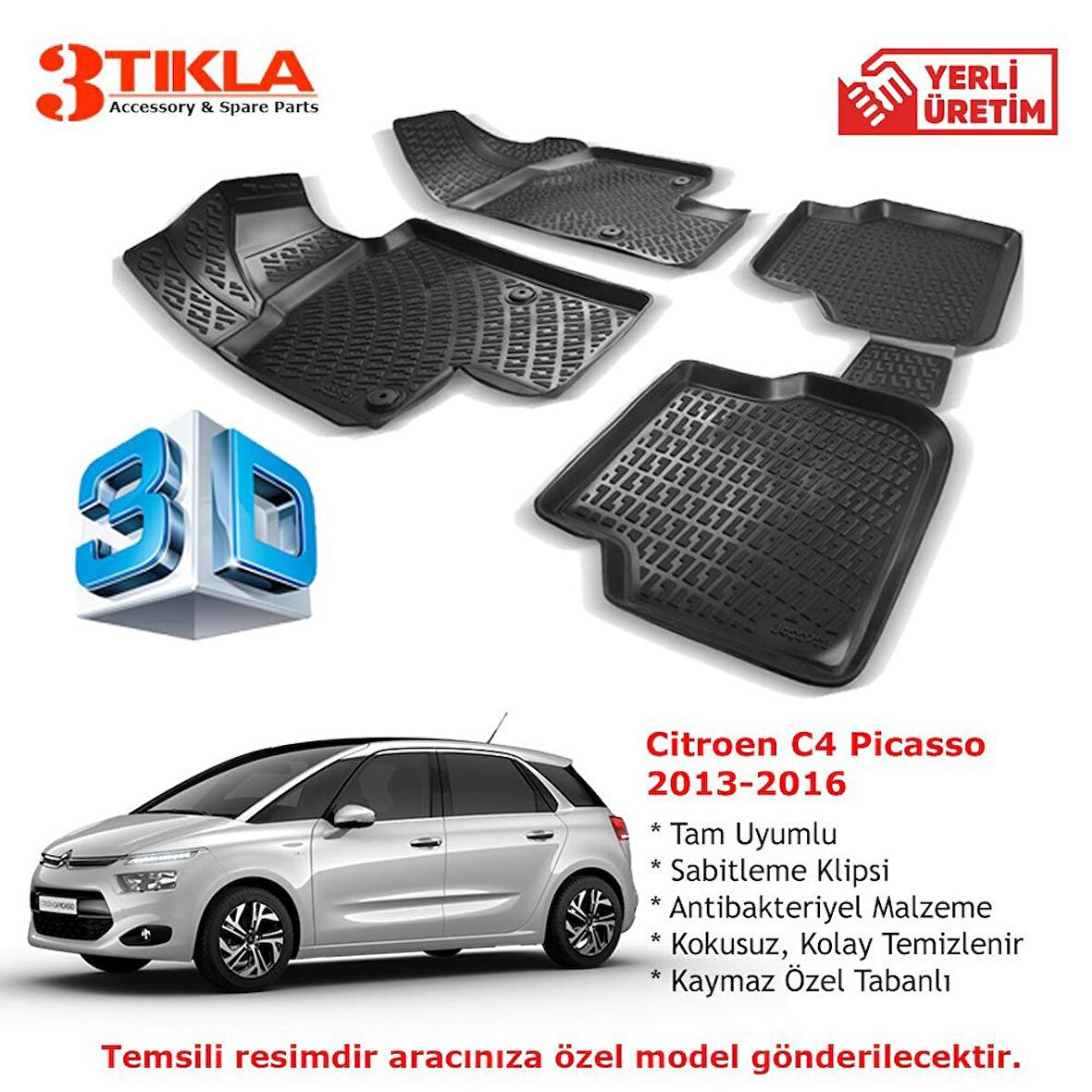 Citroen C4 Picasso 2013-2016 Premium 3D Havuzlu Paspas Seti