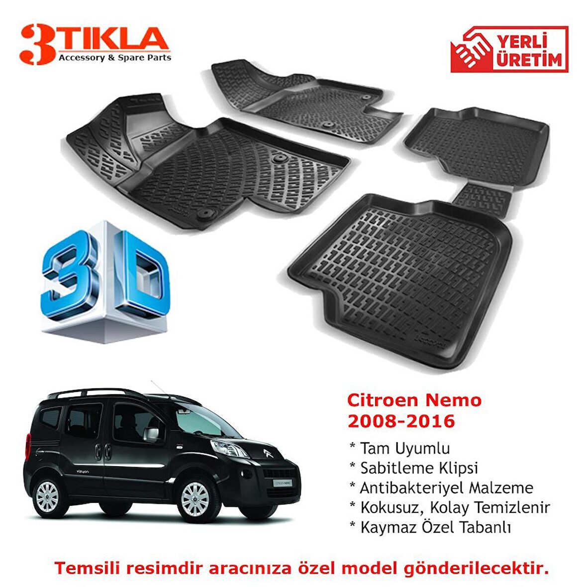 Citroen Nemo 2008-2016 Premium 3D Havuzlu Paspas Seti