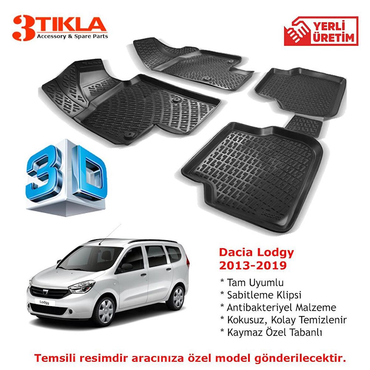 Dacia Lodgy 2013-2019 Premium 3D Havuzlu Paspas Seti