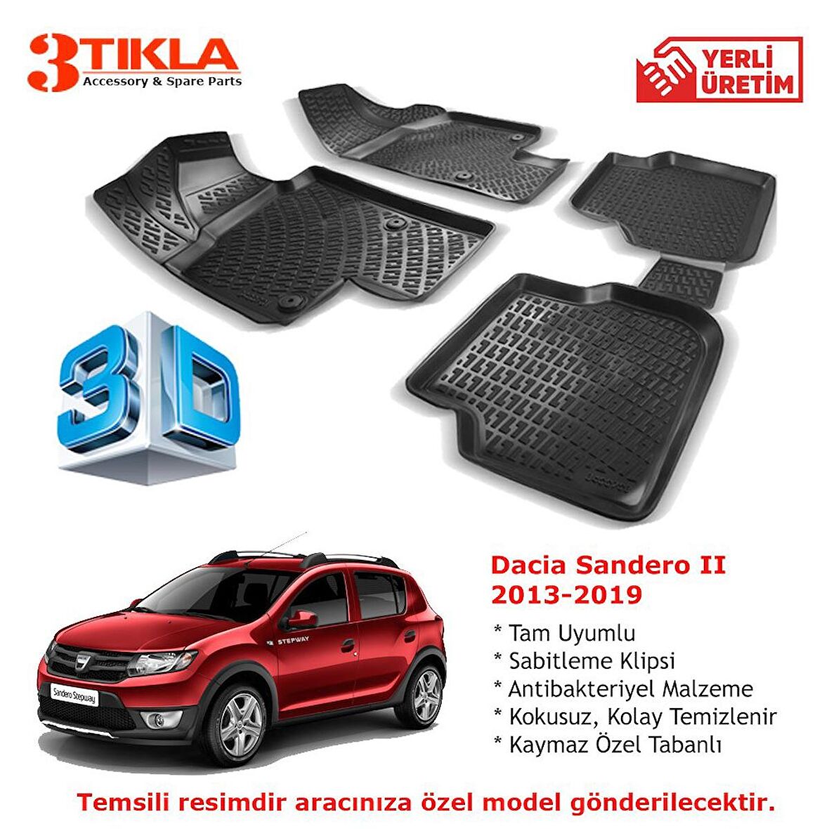 Dacia Sandero II 2013-2019 Premium 3D Havuzlu Paspas Seti