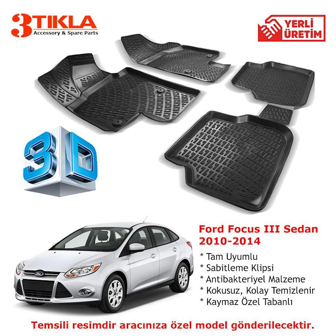 Focus III Sedan 2010-2014 Premium 3D Havuzlu Paspas Seti