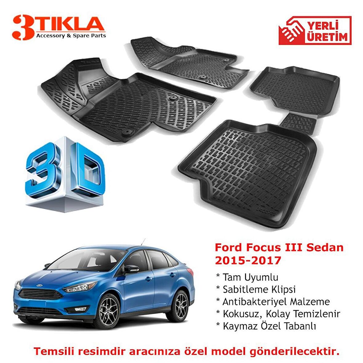 Focus III Sedan 2014-2018 Premium 3D Havuzlu Paspas Seti