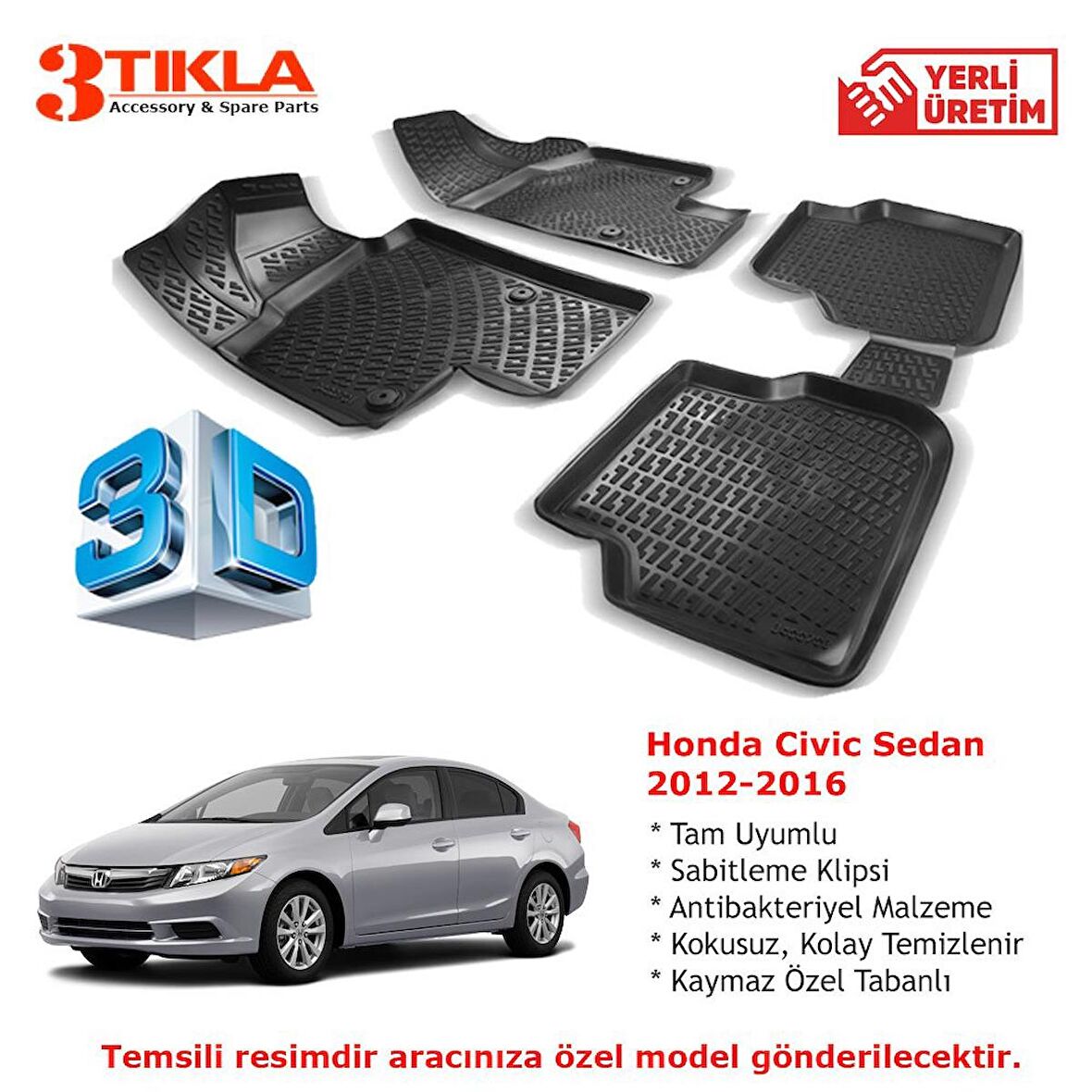 Honda Civic Sedan 2012-2016 Premium 3D Havuzlu Paspas Seti