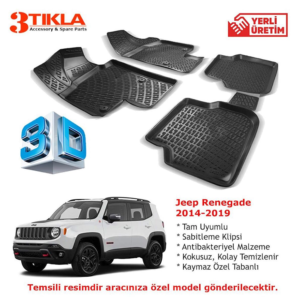 Jeep Renegade 2014-2019 Premium 3D Havuzlu Paspas Seti