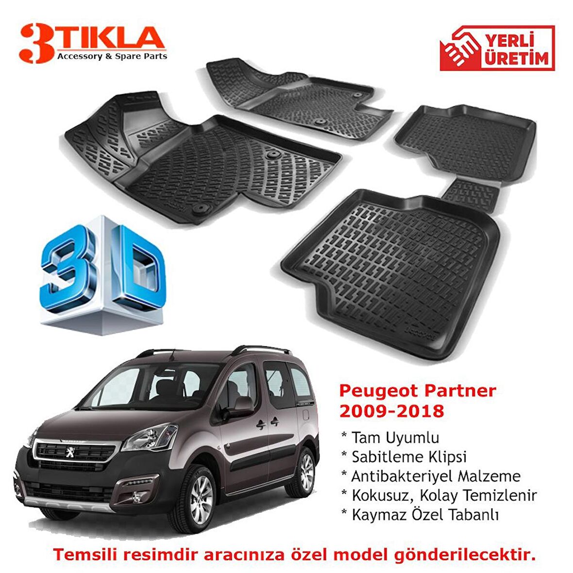 Peugeot Partner Tepe 120HP 2009-2018 Premium 3D Havuzlu Paspas Seti