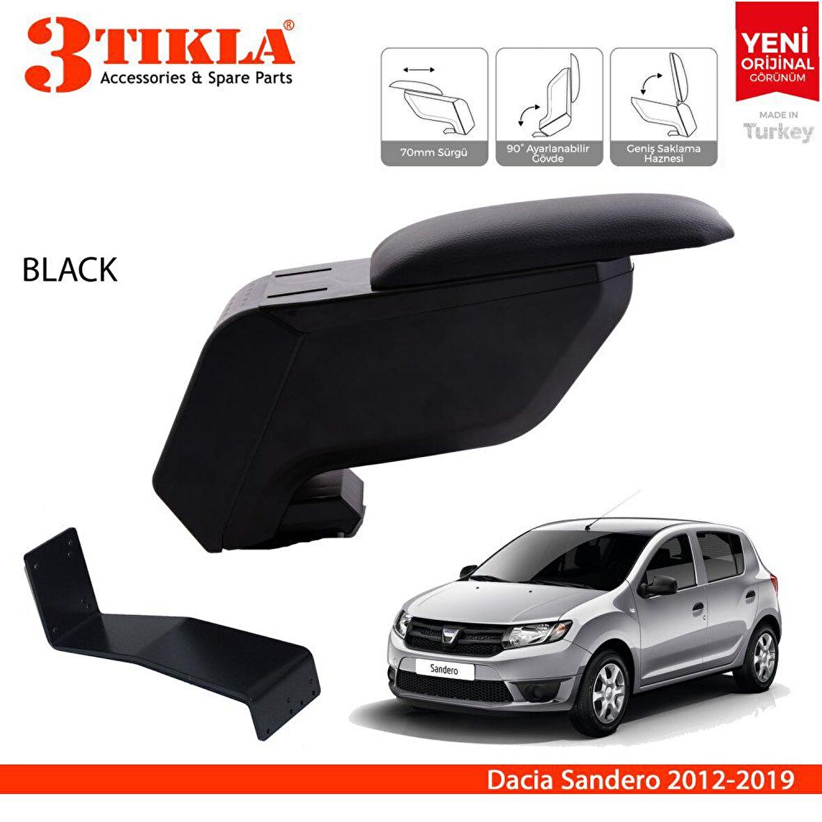 3 Tıkla Dacia Sandero 2012-2019 Delmesiz Çelik Ayaklı Siyah Kolçak Kol Dayama