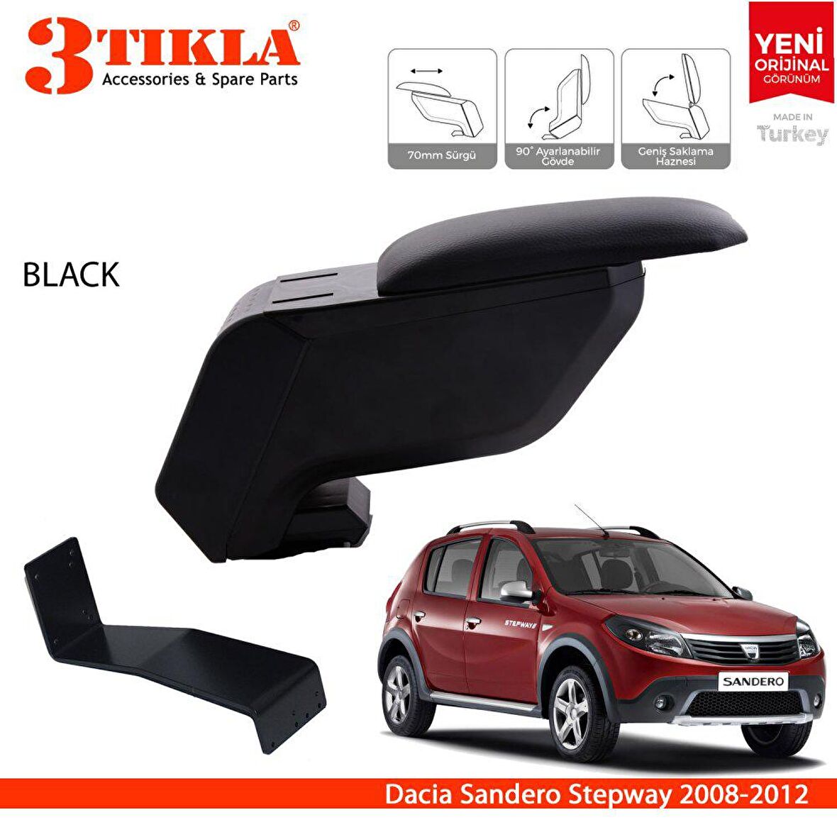 3 Tıkla Dacia Sandero 2008-2012 Delmesiz Çelik Ayaklı Siyah Kolçak Kol Dayama