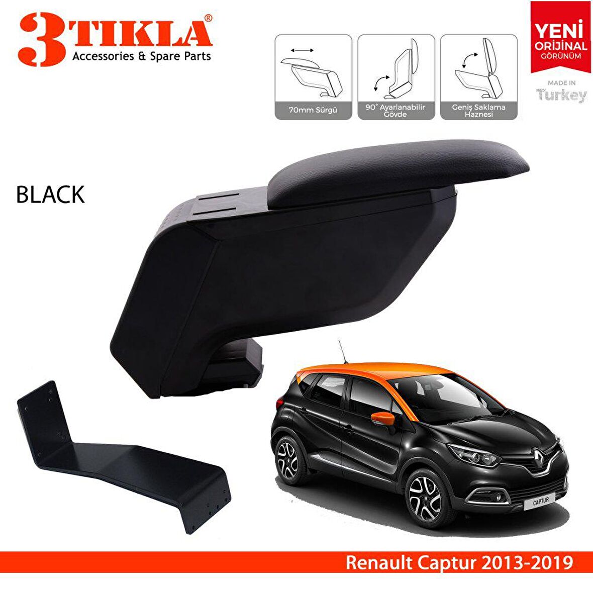 3 Tıkla Renault Captur 2013-2019 Delmesiz Çelik Ayaklı Siyah Kolçak Kol Dayama