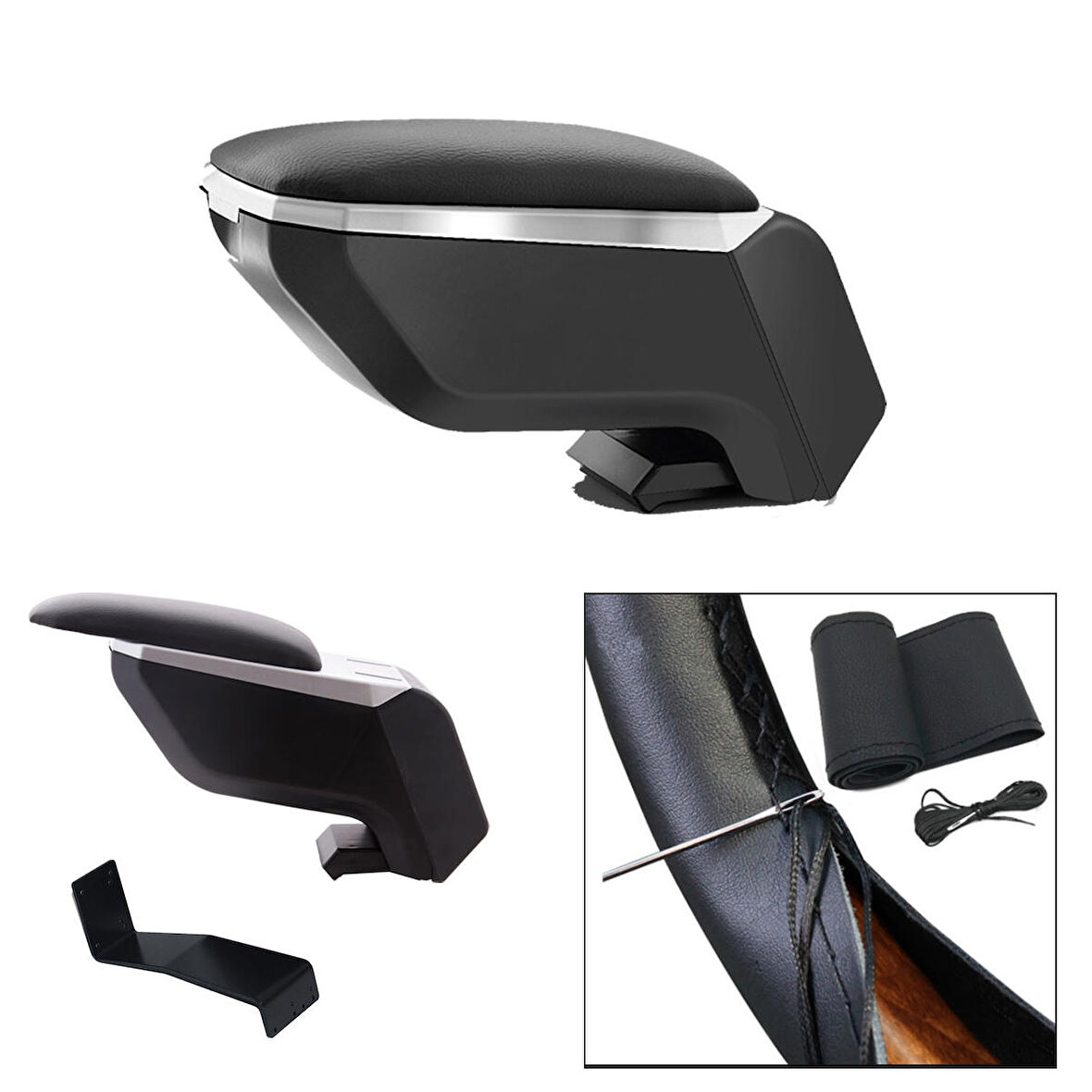 Lüks Set Dacia Duster 2012 Delmesiz Çelik Ayaklı Gri-Siyah Kolçak Kol Dayama, Direksiyon Kılıfı