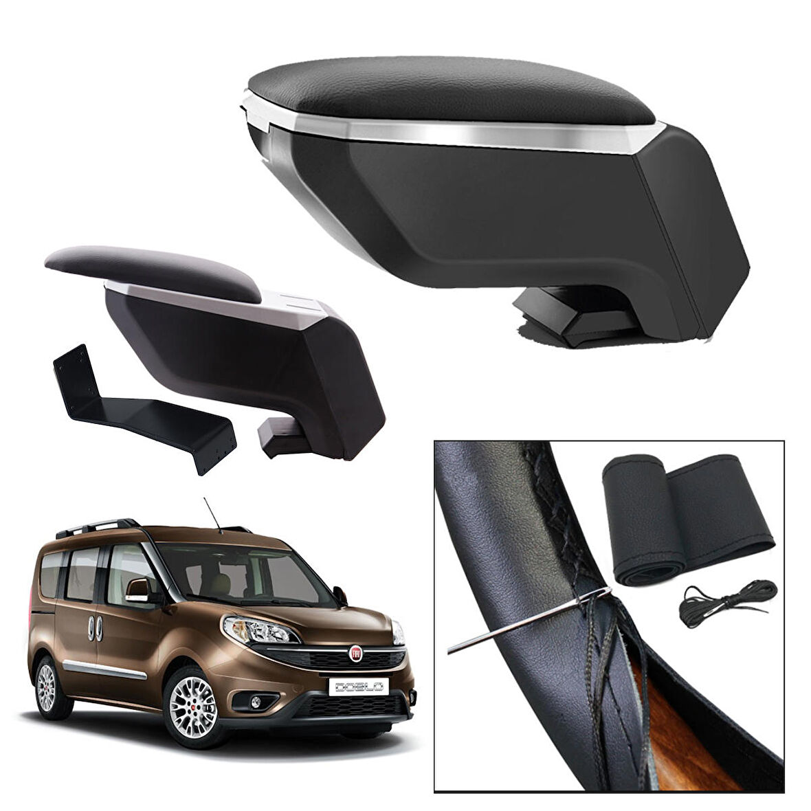 Lüks Set Fiat Doblo 2 2014 Delmesiz Çelik Ayaklı Gri-Siyah Kolçak Kol Dayama, Direksiyon Kılıfı
