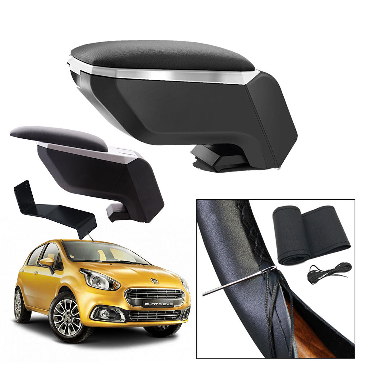 Lüks Set Fiat Punto Evo 2017 Delmesiz Çelik Ayaklı Gri-Siyah Kolçak Kol Dayama, Direksiyon Kılıfı