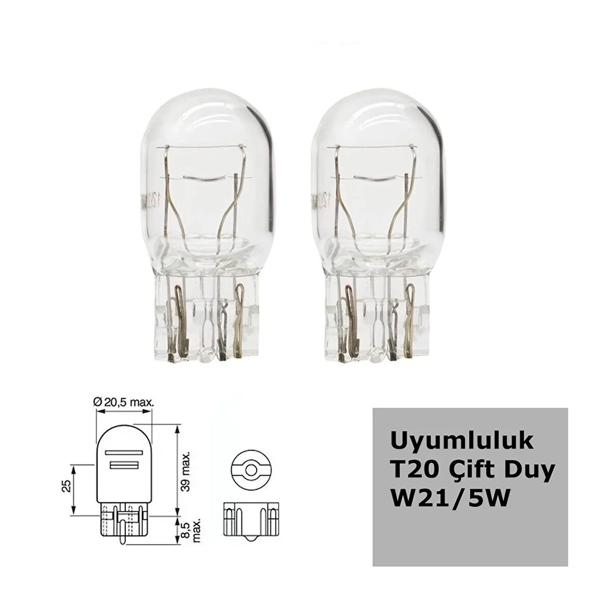 W21 Tip 5W Çift Duylu Halojen Ampul 12V 2 Adet