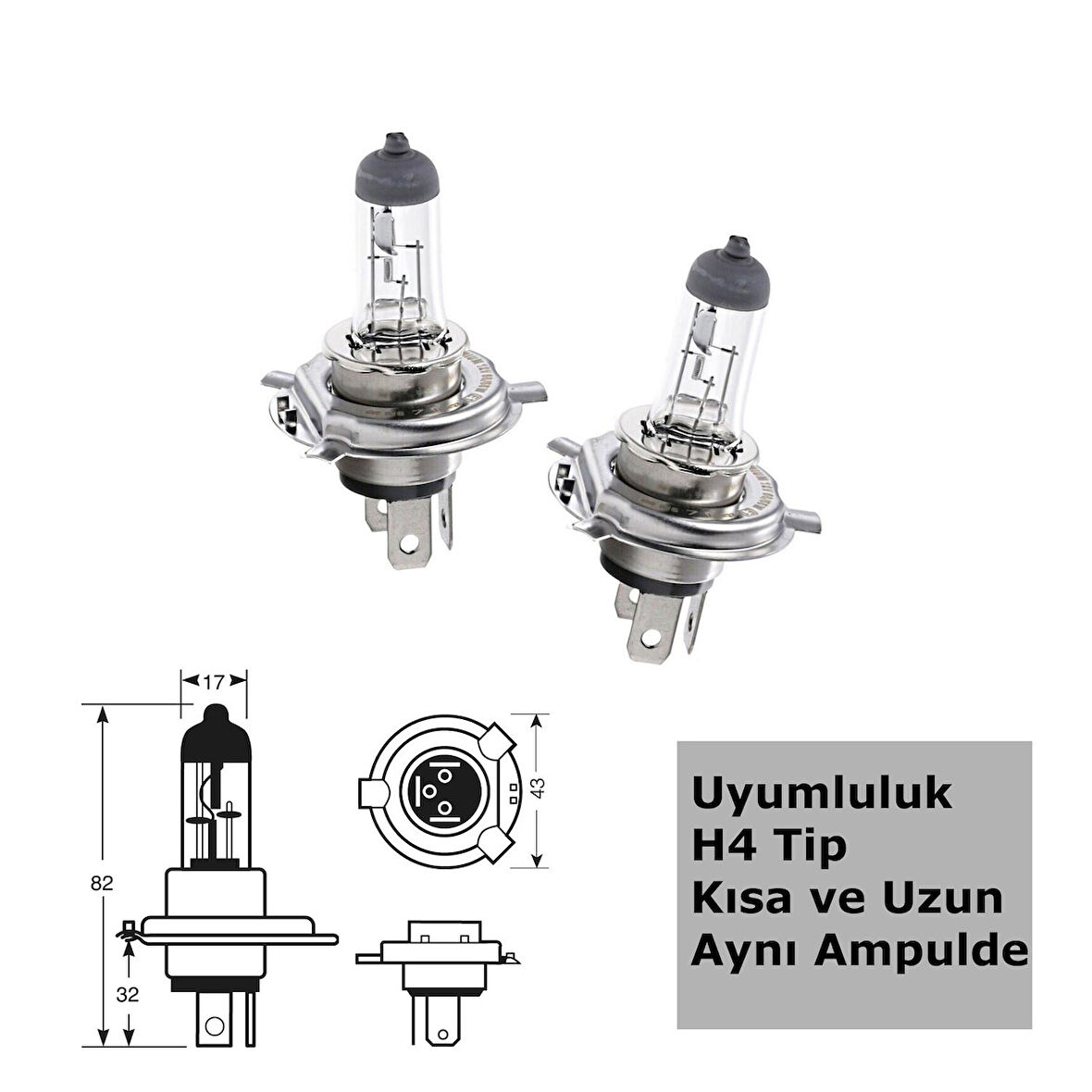 H4 %160 Fazla Işık Halojen Ampul 60W/55W  2 Adet