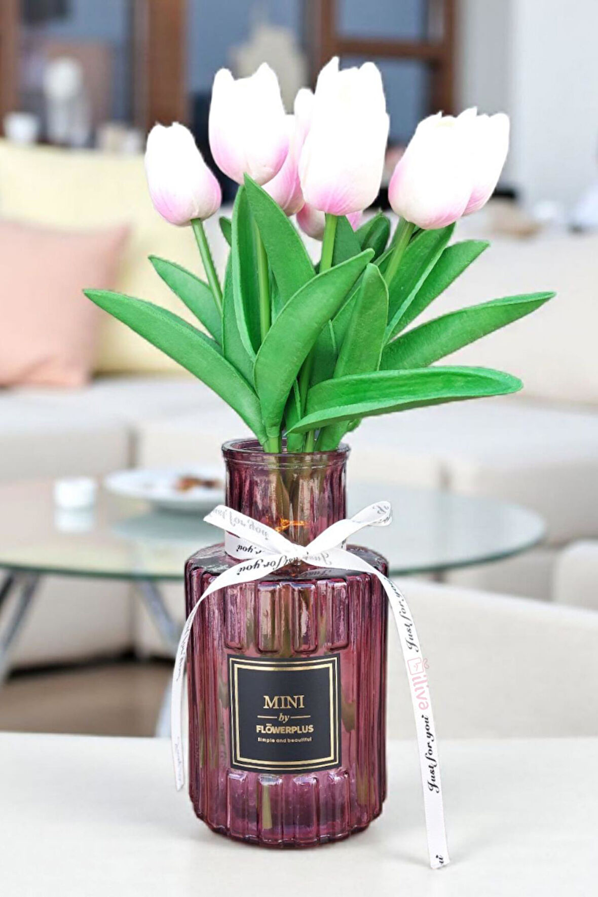 Bordo Cam Vazo-Ribben Tasarım Ve Flowerplus Etiketli,Beyaz Kurdeleli Dekoratif Tasarım,Masaüstü,Ofis, Aksesuar