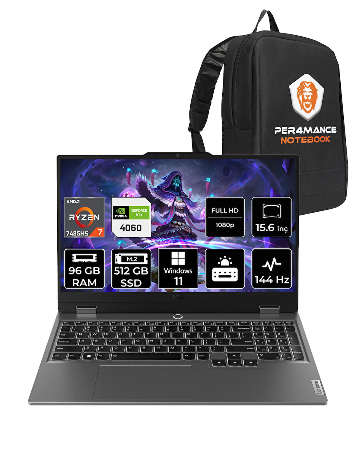 Lenovo LOQ R7 7435HS 96GB 512GB SSD RTX4060/8GB 105W 144Hz FHD 15.6" W11P Gaming Laptop & PER4 ÇANTA