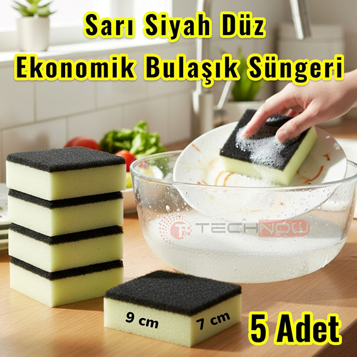 Technow Klasir Ekonomik 9 x 7 cm Sarı Siyah Düz Bulaşık Süngeri