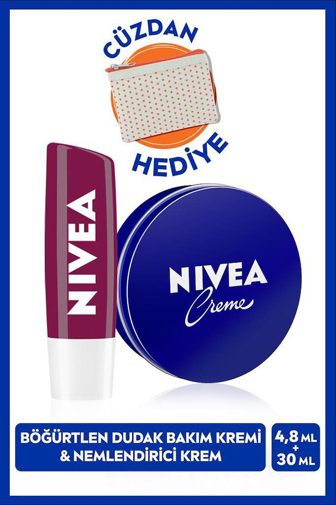 NIVEA Creme Nemlendirici Vücut Bakım Kremi 30ml ve Böğürtlen Dudak Bakım Kremi 4.8gr, Hafif Bordo Işıltı, Cüzdan Hediye