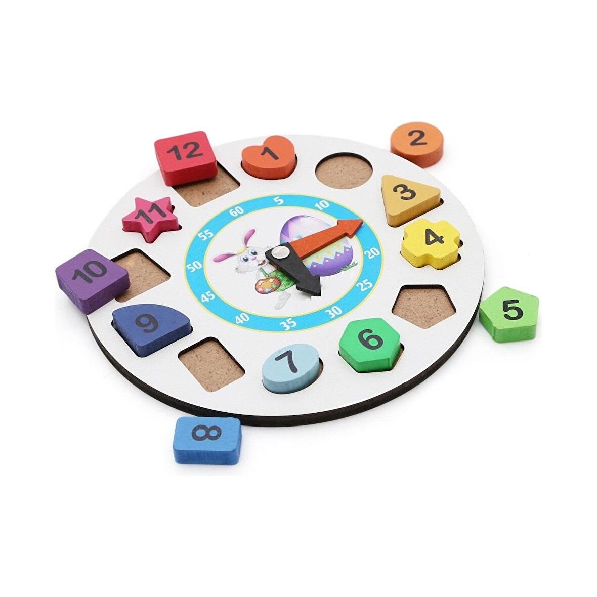 Zhltoys Ahşap Tavşan Geometrik Saat Oyuncak Bultak Renkli Saat