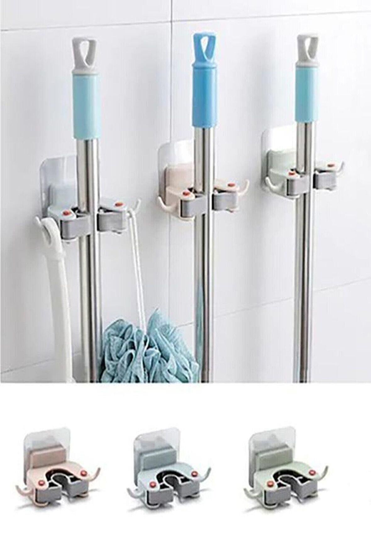 Zhltools Bastonlu Paspas Süpürge Fırça ve Mop Askısı Sap Tutucu 3Lü Paket