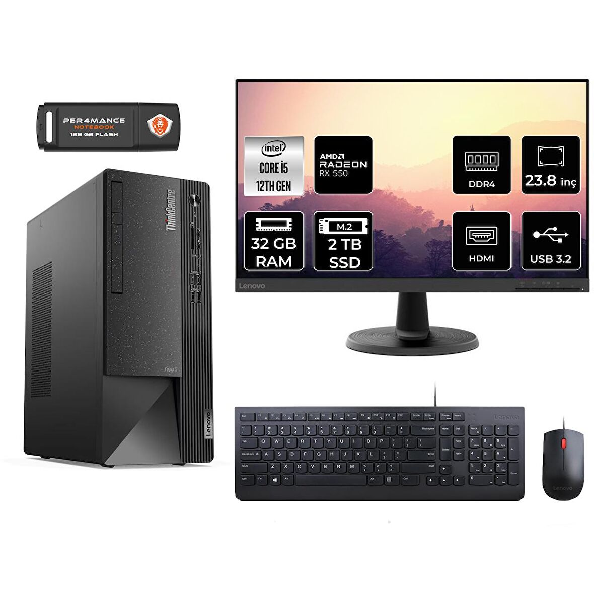 Lenovo ThinkCentre Neo 50T i5 12400 32GB 2TB SSD RX550/4GB FDOS 11SE00BJTX MASAÜSTÜ PC & 23.8" MONİTÖR