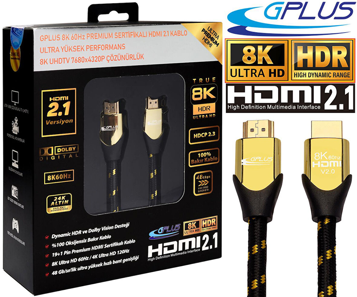 Gplus 8K60 6 Metre 60Hz 48 Gbps HDCP 2.3 DHDR VRR QMS 8K Ultra HDMI 2.1 eARC 26 AWG Örgülü Premium Kablo 6MT