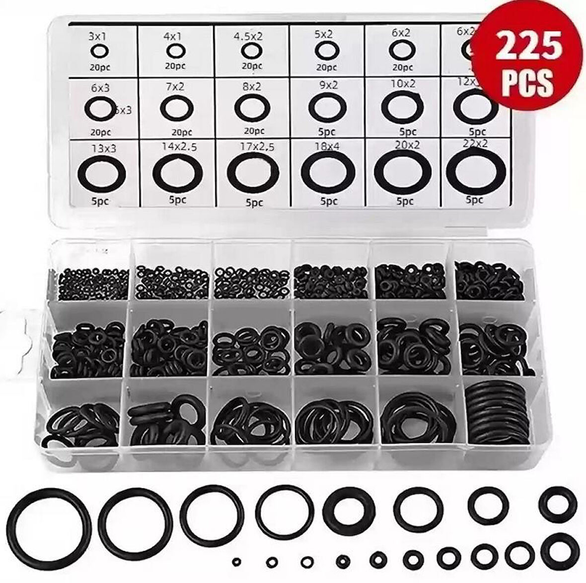 Zhltools 225 Parça Kauçuk Conta Seti Kendiliğinden Saklama Kutulu O Halkası Seti