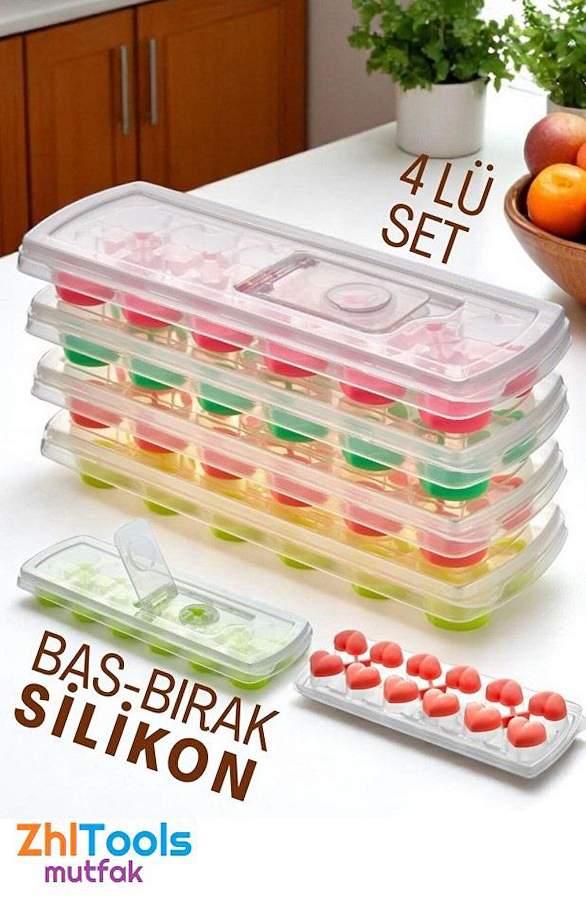Zhltools Buz Kalıbı - Bas-Bırak Kapaklı Silikon Buz Kalıbı 4 lü SET