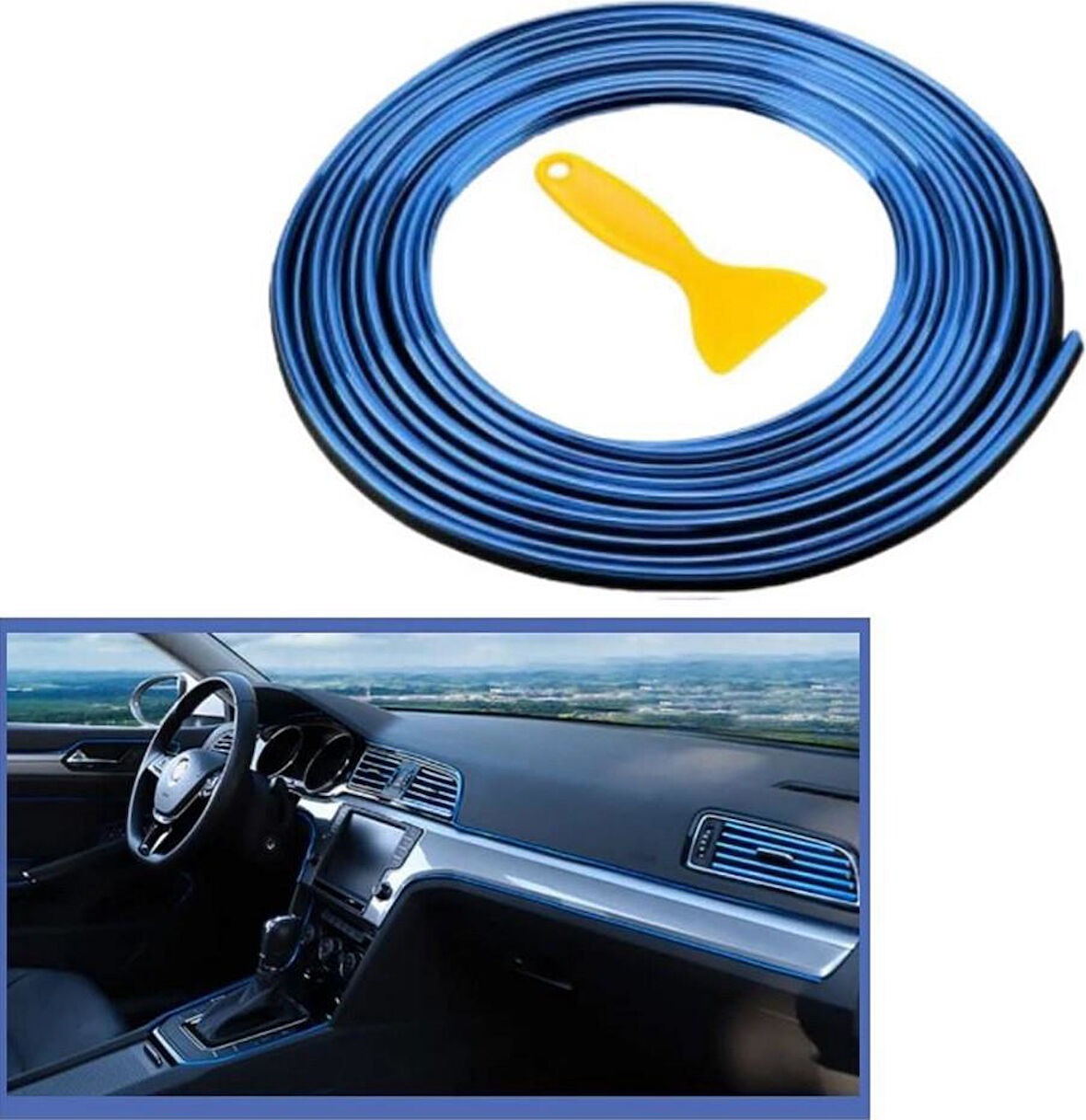 Zhltools Mavi Araba Oto Trim Dekorasyon Şeridi Kauçuk Elastik Kolay Kurulum 5 metre Şerit Bant