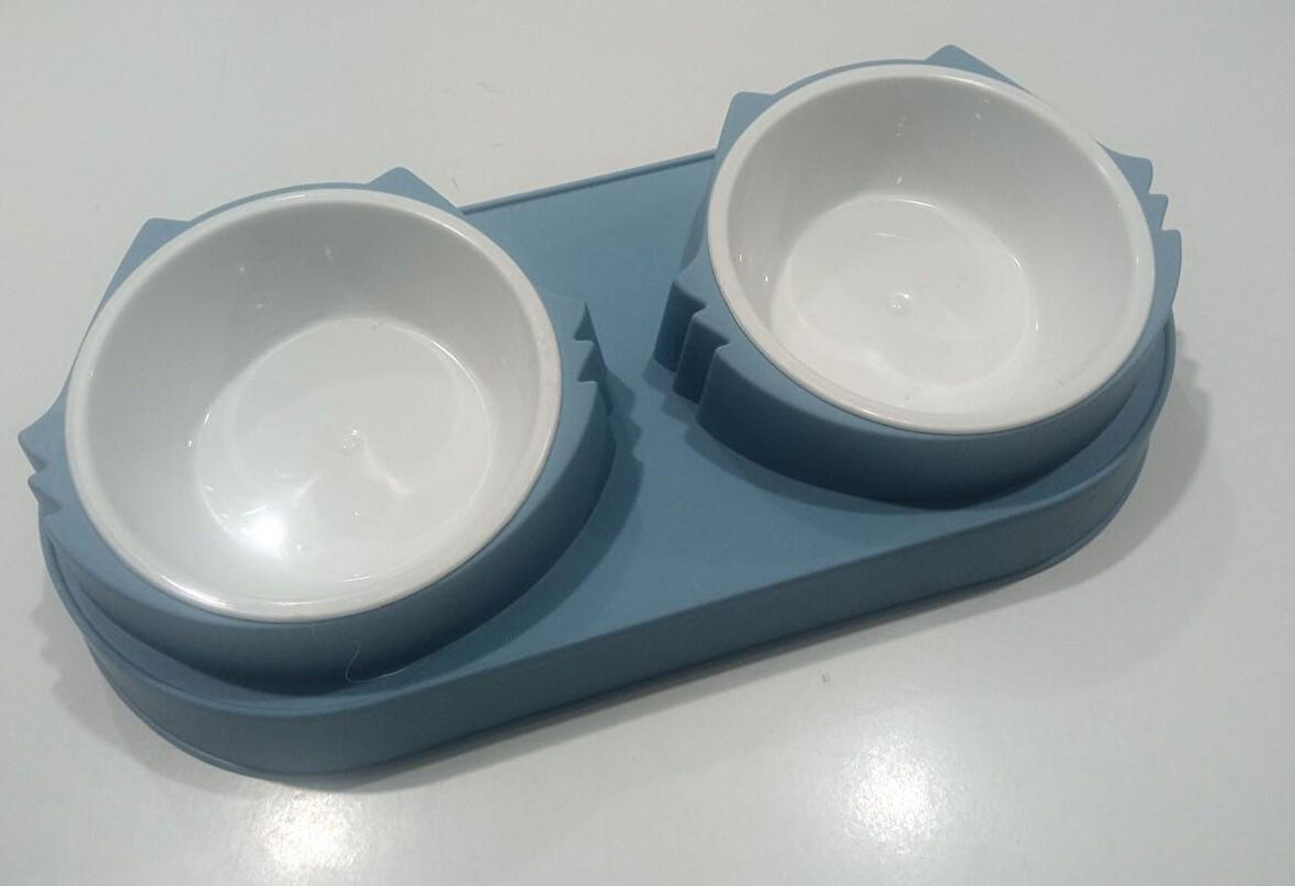 Süslüpati Yükseltilmiş Eğimli 2li Kedi Köpek Mama ve Su Kabı - Çiftli Mama Kabı Mavi
