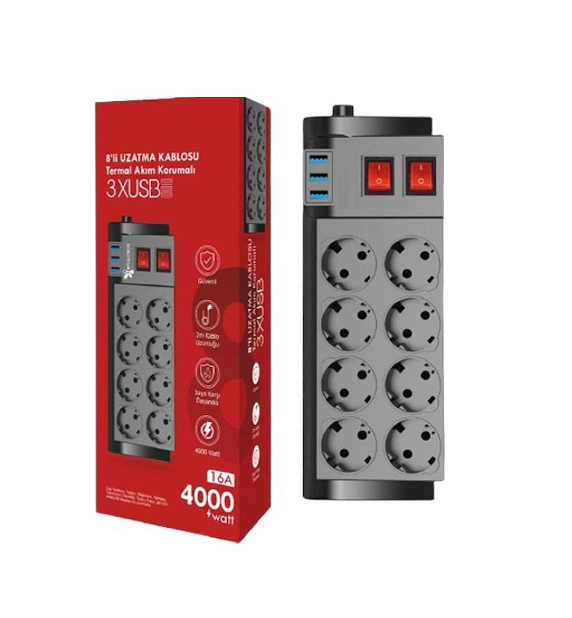 Zhltools Termal Akım Korumalı Isıya Karşı Dayanıklı 8li Priz Kablo Uzunluğu 2 mt 3 x Usb