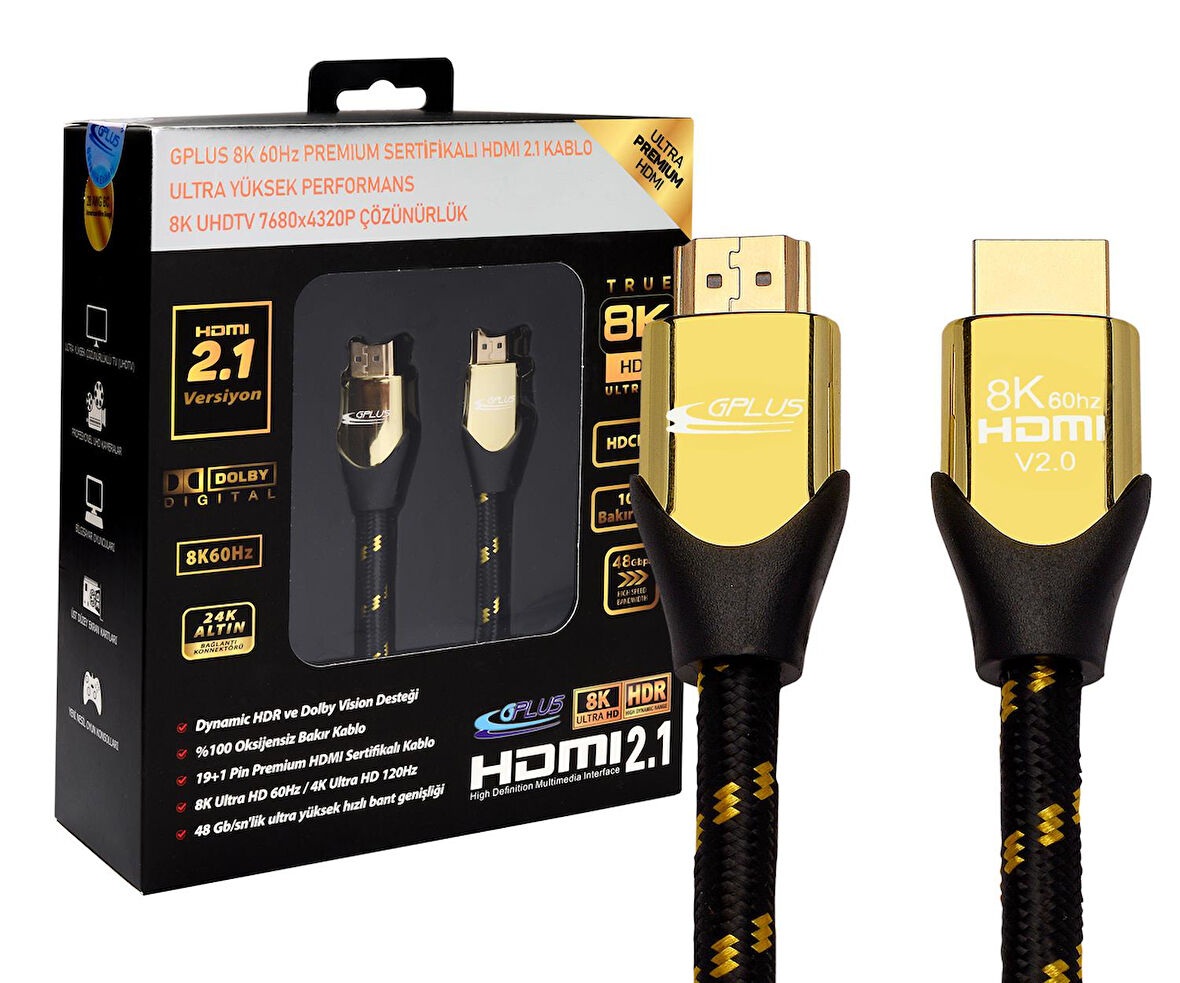 Gplus 8K60 3 Metre 60Hz 48 Gbps HDCP 2.3 DHDR VRR QMS 8K Ultra HDMI 2.1 eARC 26 AWG Örgülü Premium Kablo 3MT