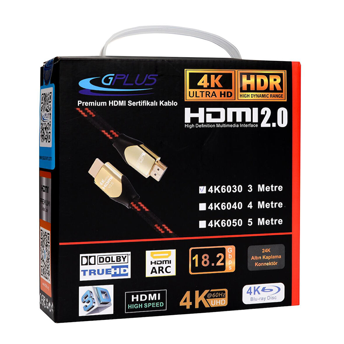 Gplus 4K60 3 Metre 60Hz Ultra HD 18 Gbps HDR ARC 4K Ultra HDMI 2.0 26 AWG Örgü Kablo 3MT