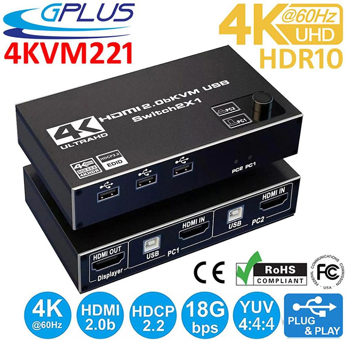 Gplus 4KVM221 4K HDMI 2.0 USB HDCP 2.2 EDID HDR 2 Port KVM Switch