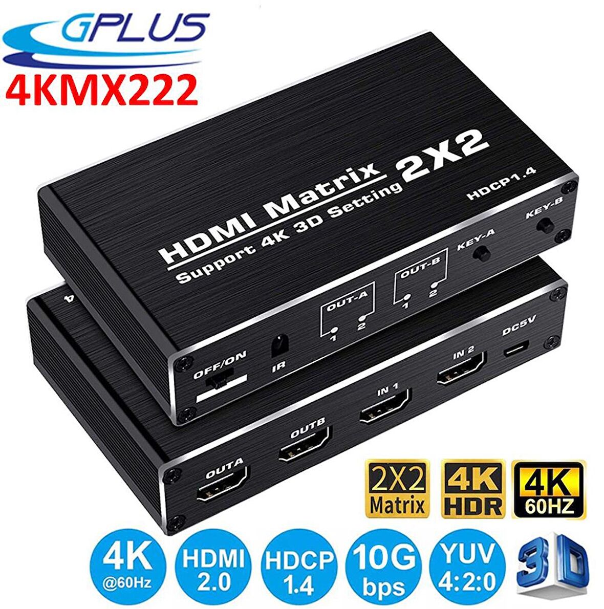 Gplus 4KMX222 2x2 Matrix Switch Splitter HDMI 2.0 4K 2160P HDR