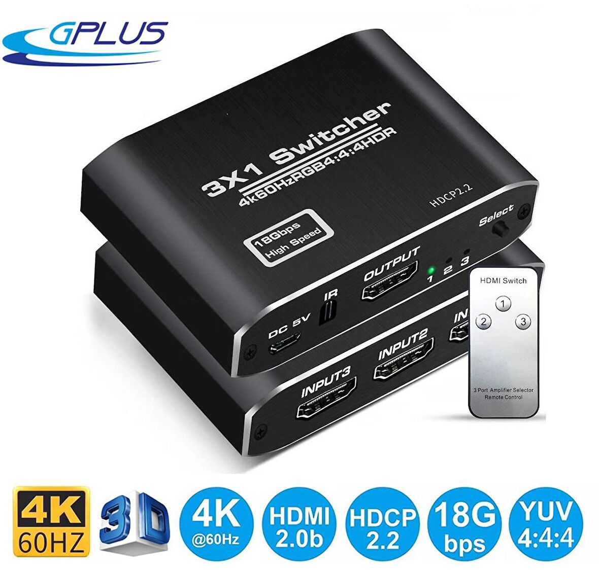 Gplus 4K321M 3 Port HDMI 2.0 4K 60Hz HDR 10 HDCP 2.2 Metal Switch