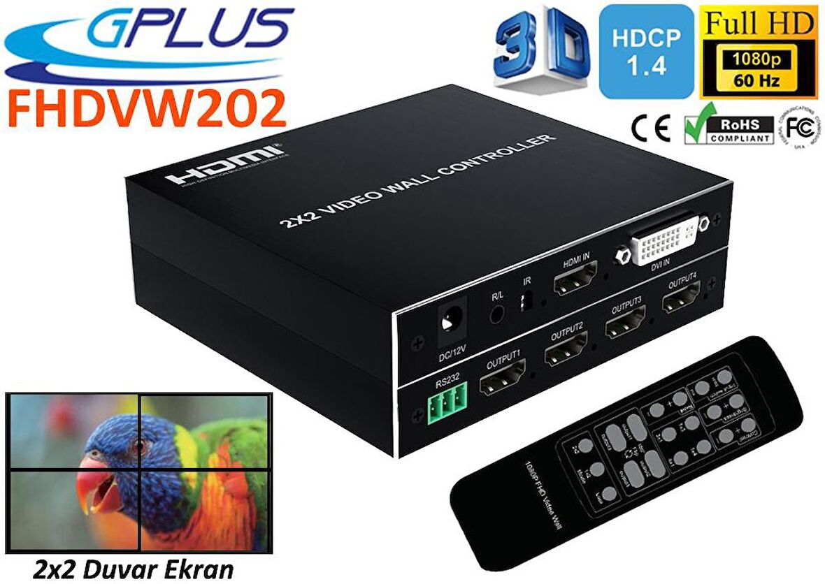 Gplus FHDVW202M 2x2 Video Wall Controller 4 Ekran TV Genişletici