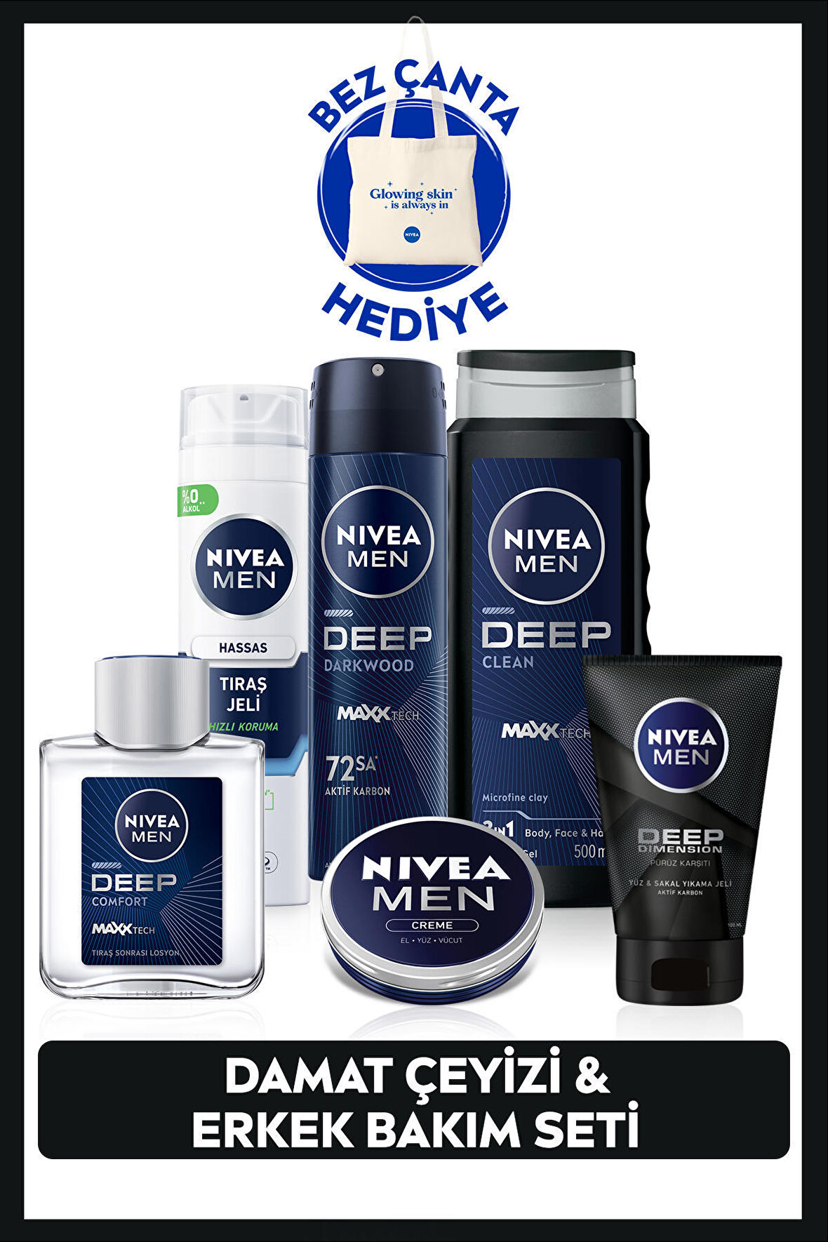 MEN Erkek Nemlendirici Krem 30ml, Duş Jeli 500ml, Tıraş Jeli 200ml, Losyon100ml, Sakal Temizleme Jeli 100ml, Sprey Deodorant 150ml