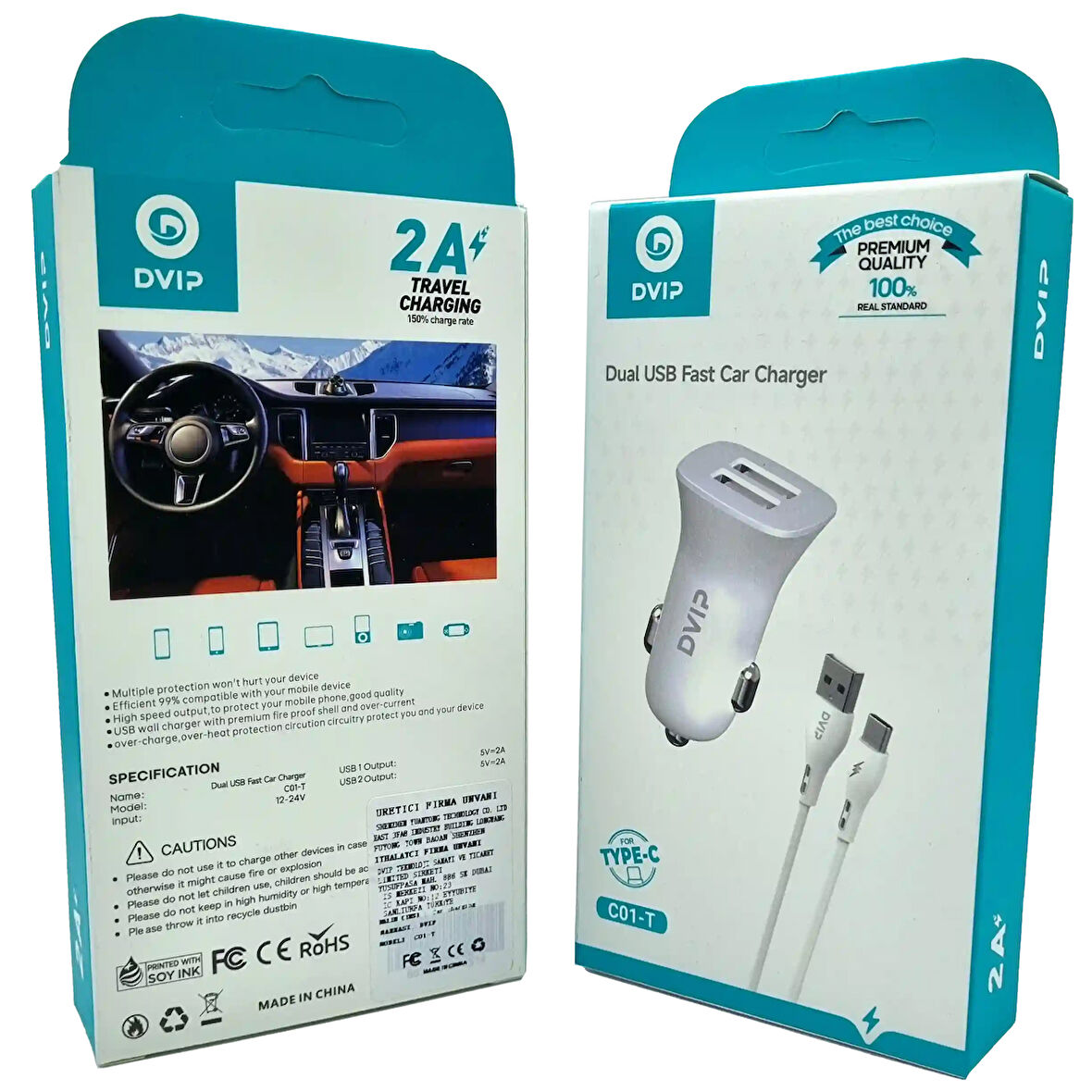 Çift Usb Girişli (TYPE-C) Kablolu Araç Şarj Aleti Dvip C01-T